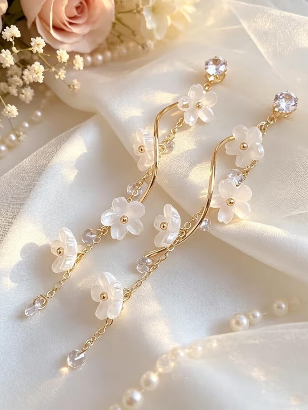 Flower Dangle Earring Long Curved Wire Linear Chandelier Earrings